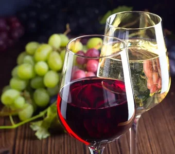 Zwei Gläser mit Rot- und Weißwein stehen auf einem Holztisch mit grüner Weintraubenrebe
