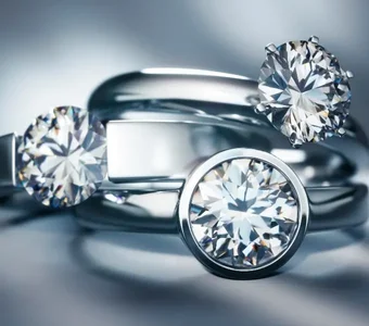 Drei Diamantringe mit unterschiedlichen Fassungen liegen übereinander gestapelt