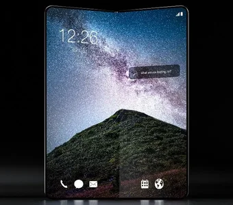 Samsung Galaxy Fold Smartphone steht vor schwarzem Hintergrund