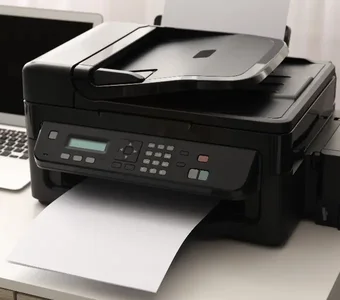 Laserdrucker steht neben einem Notebook auf einem Schreibtisch