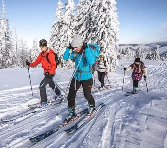 Familie mit zwei Kindern beim Ski-Touring in den Bergen