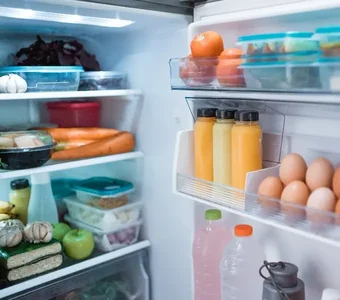 Close-up eines geöffneten Kühlschranks mit Lebensmitteln