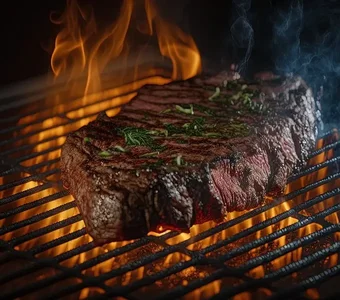 Flammen umspielen eine Steak liegt auf einem Grillrost