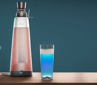 Wassersprudler steht neben einem blaugefärbten Glas Wasser auf einem Holztisch