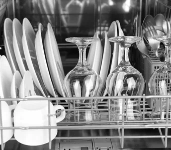 Kleine Teller, Gläser und Tassen stehen im Geschirrspüler