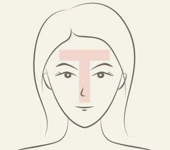 Zeichnung eines weiblichen Gesichts mit farblicher Markierung der T-Zone