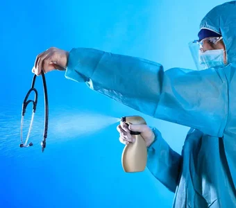 Ein Mediziner desinfiziert sein Stethoskop