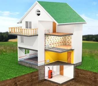 Schematische Zeichnung eines Wohngebäudes mit einer Wärmepumpe als Versorgungssystem.