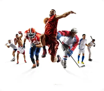 Diverse Sportler posieren in Trikots ihrer Sportart