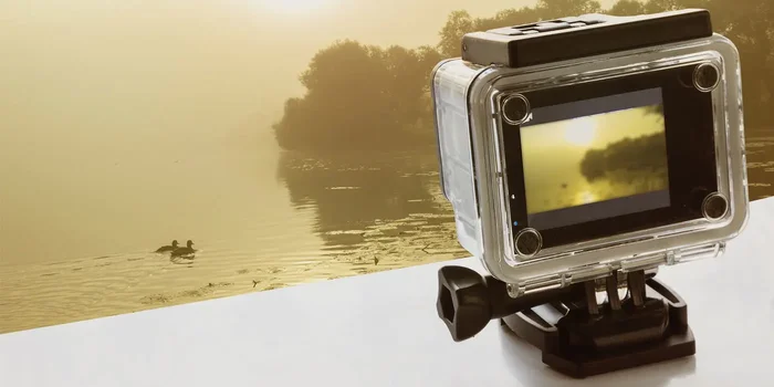 Action-Cam auf einem erhöhten Punkt filmt Landschaftsbilder