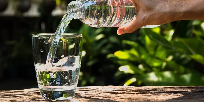 Eine Person gießt Mineralwasser aus einer Kunststoffflasche in ein Glas, das sich auf einem Baumstamm befindet