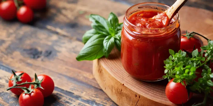 Ein Glas mit Tomatensoße auf einem Holztisch umgeben von frischen Tomaten und Kräutern