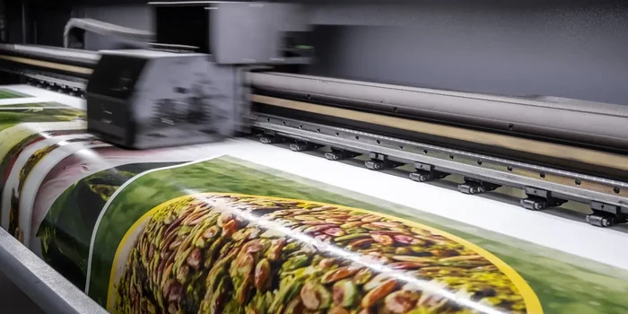 Großer Tintenstrahldrucker druckt farbige Fotos auf Spezialpapier