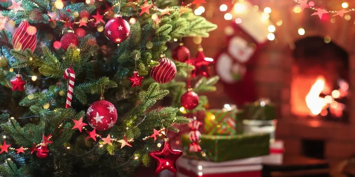 Ausschnitt eines geschmückten Weihnachtsbaums mit roten Kugeln, Zuckerstangen und Sternen