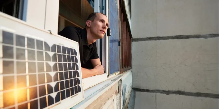 Ein Mann schaut aus einem offenen Fenster mit daran angebrachten Solarmodulen