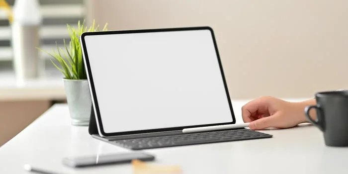 Tablet-PC steht auf einem Schreibtisch