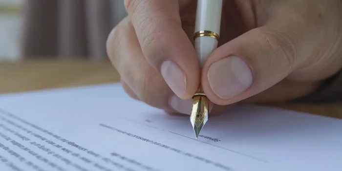 Nahaufnahme einer Person, die in ihrer rechten Hand einen mintgrünen Füller mit goldener Feder hält und ein Dokument unterschreibt