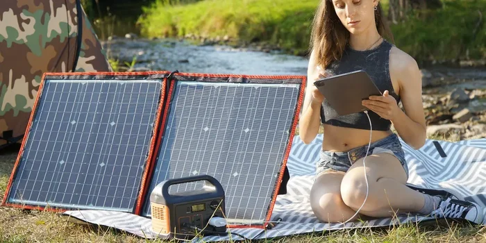Frau sitzt mit einer Powerstation, Solarpanel und Tablet auf einer Decke in der Natur