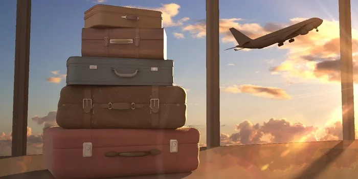 Mehrere Koffer liegen gestapelt aufeinander in einem Flughafen, im Hintergrund startet ein Flugzeug