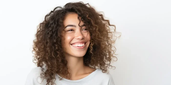 Eine Frau mit lockigen Haaren lacht