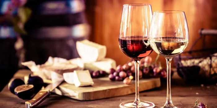 Rot- und Weißwein stehen auf einem Holztisch neben einer Käseplatte