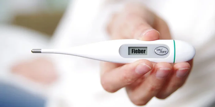 Digitales Fieberthermometer, auf dessen Display das Wort Fieber geschrieben steht