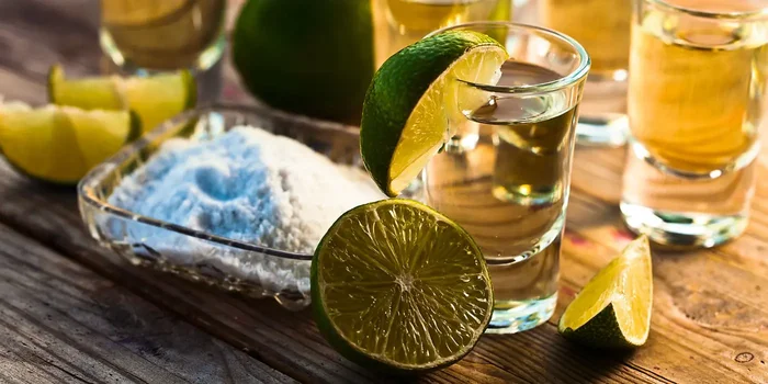 Mehrere kurze Gläser Tequila mit frischen Limetten und Salz.
