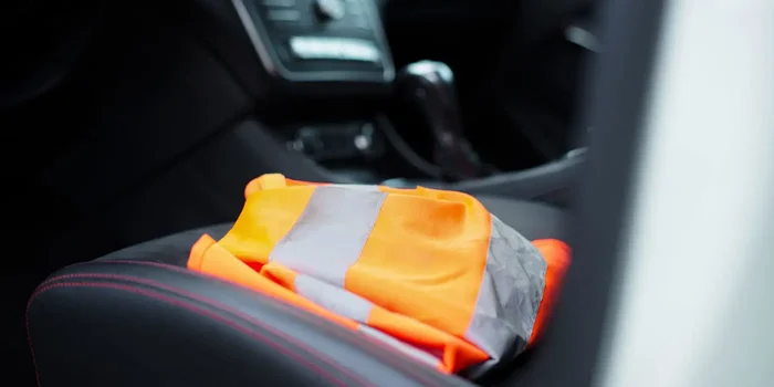 Orangefarbene Warnweste auf dem Fahrersitz eines PKWs