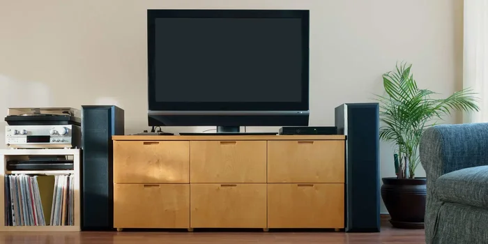 TV und DVD-Player auf ein Holz-Lowboard eines Wohnzimmers. Daneben eine Musik-Anlage und eine Pflanze