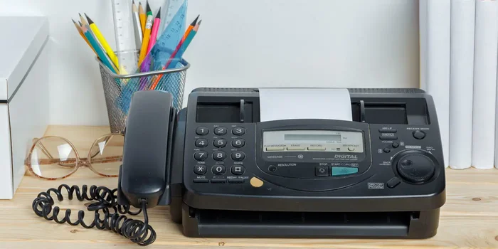Ein Faxgerät steht vor Büchern und Büromaterialien auf einem Schreibtisch