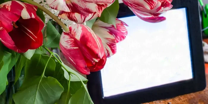 Digitaler Bilderrahmen mit roten Blumen im Vordergrund