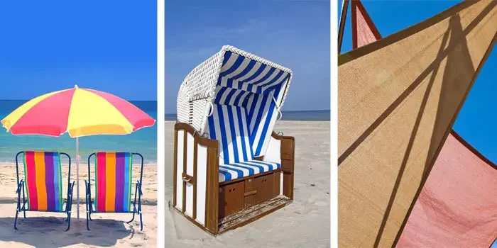 Beispiele für Sonnenschirme, Strandkörbe und Sonnensegel - jeweils am Strand
