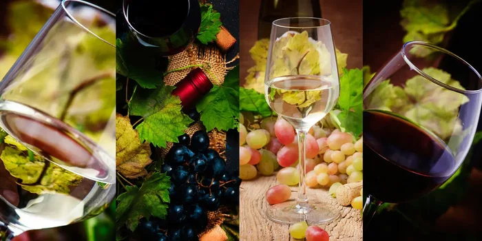 Weißwein- und Rotweingläser sowie einige Rebsorten zur Dekoration