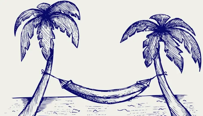 Gezeichnete Darstellung einer Hängematte zwischen zwei Palmen.