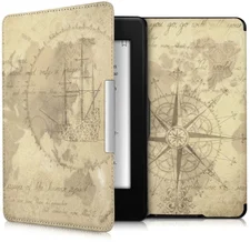 kwmobile Kunstleder eReader Schutzhülle Cover Case für Amazon Kindle Paperwhite (für Modelle bis 2017) - Travel Vintage Design Braun Hellbraun