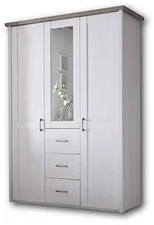 Stella Trading LUCA KOMFORT Eleganter Kleiderschrank im Landhausstil 3-türig - Vielseitiger Drehtürenschrank mit Spiegeltür in Pinie weiß / Trüffel - 150 x 212 x 62 cm
