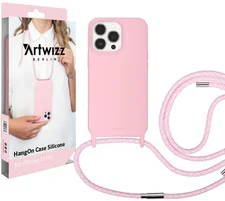 Artwizz HangOn Case kompatibel mit [iPhone 13 Pro] - Elastische Schutzhülle aus Silikon als Handykette zum Umhängen mit Band - Light Salsa