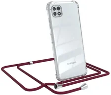 Eazy Case Hülle mit Kette für Samsung Galaxy A22 5G 6,6 Zoll, Silikonhülle durchsichtig mit Umhängeband Handytasche Bordeaux Rot, Bordeaux Rot / Clips Silber